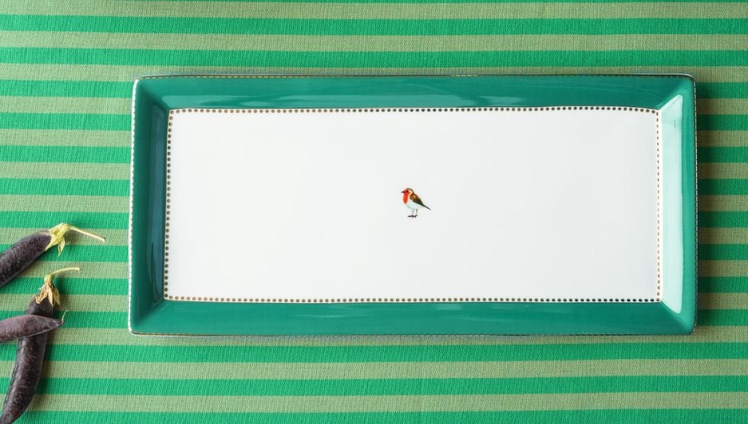 Tavă dreptunghiulară pentru tort din porțelan, Pip Studio, 33,3x15,5cm, colecția Love Birds Emerald